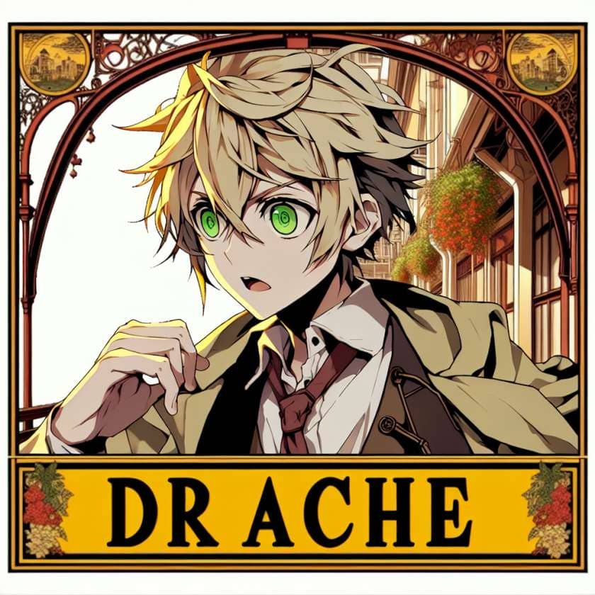 imagine in anime seraph of the end like look showing an anime boy with messy blond hair and green eyes working in drache walk acts fuer ihr event