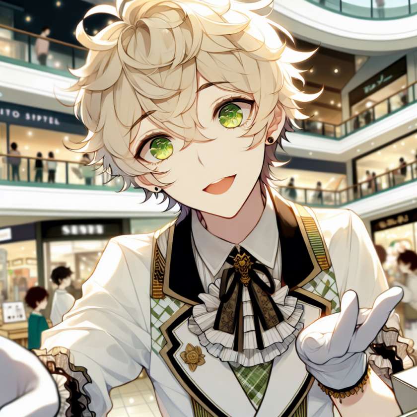imagine in anime seraph of the end like look showing an anime boy with messy blond hair and green eyes working in kostuem walk acts fuer einkaufszentren