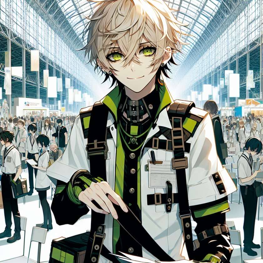 imagine in anime seraph of the end like look showing an anime boy with messy blond hair and green eyes working in kostuem walkacts fuer die amsterdam messe