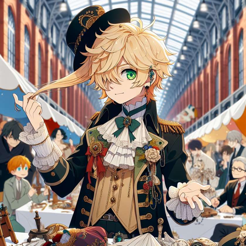 imagine in anime seraph of the end like look showing an anime boy with messy blond hair and green eyes working in kostuem walkacts fuer die bremer messe
