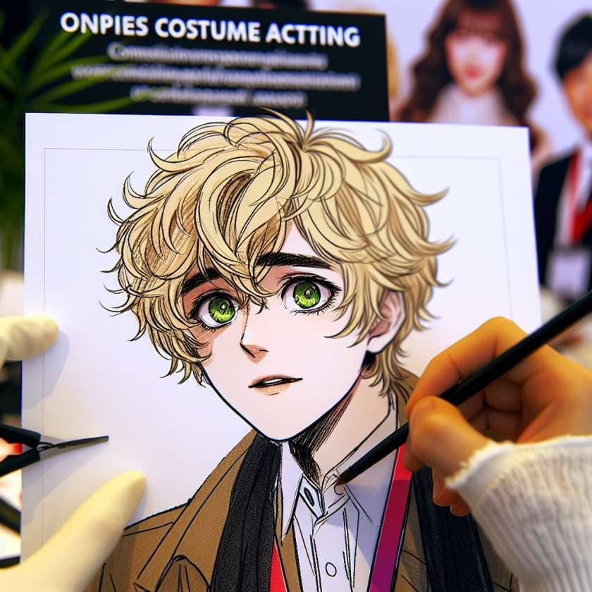 imagine in anime seraph of the end like look showing an anime boy with messy blond hair and green eyes working in kostuem walkacts fuer die cannes