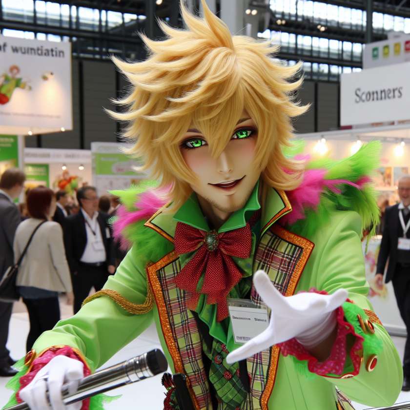 imagine in anime seraph of the end like look showing an anime boy with messy blond hair and green eyes working in kostuem walkacts fuer die duesseldorf messe