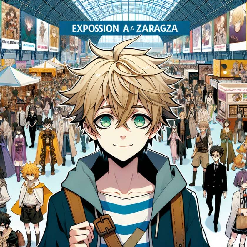 imagine in anime seraph of the end like look showing an anime boy with messy blond hair and green eyes working in kostuem walkacts fuer die expo in zaragoza