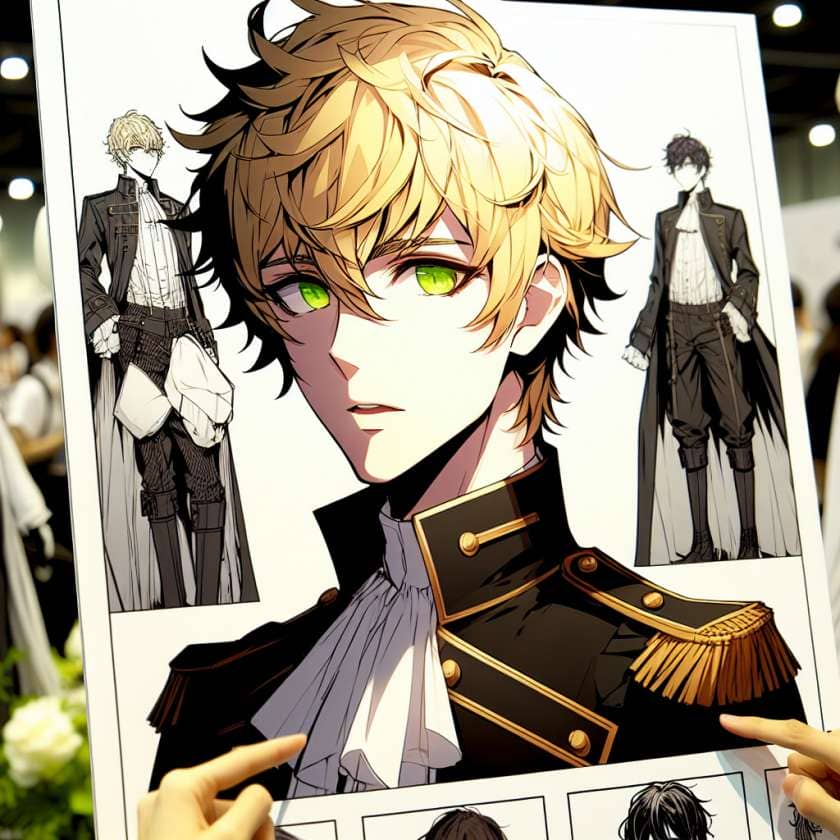 imagine in anime seraph of the end like look showing an anime boy with messy blond hair and green eyes working in kostuem walkacts fuer die genf messe