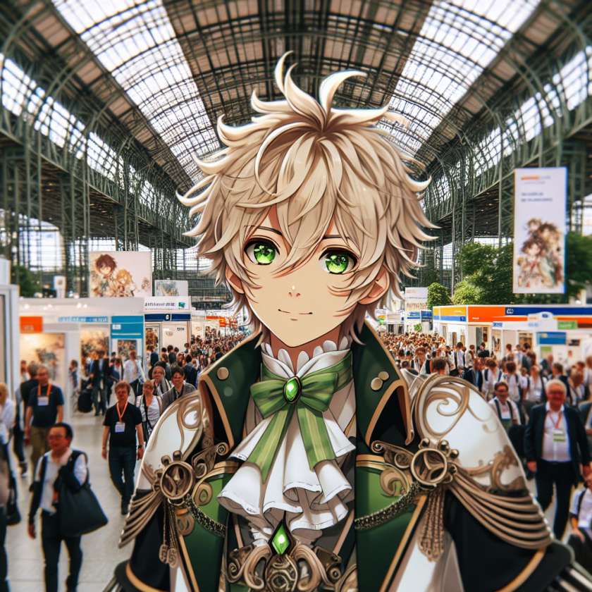 imagine in anime seraph of the end like look showing an anime boy with messy blond hair and green eyes working in kostuem walkacts fuer die hannover messe