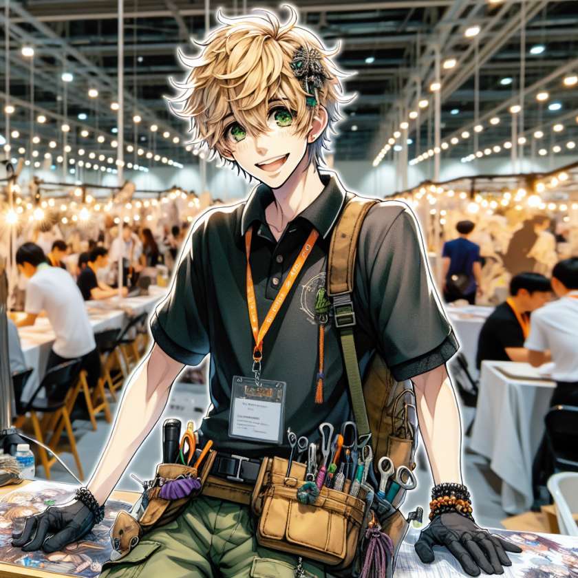 imagine in anime seraph of the end like look showing an anime boy with messy blond hair and green eyes working in kostuem walkacts fuer die innsbruck messe