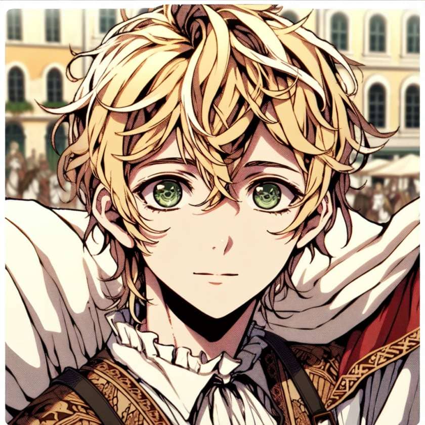 imagine in anime seraph of the end like look showing an anime boy with messy blond hair and green eyes working in kostuem walkacts fuer die lausanne messe