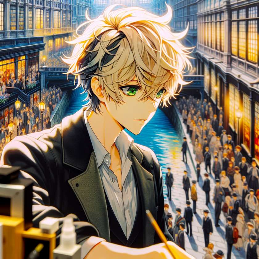 imagine in anime seraph of the end like look showing an anime boy with messy blond hair and green eyes working in kostuem walkacts fuer die londoner