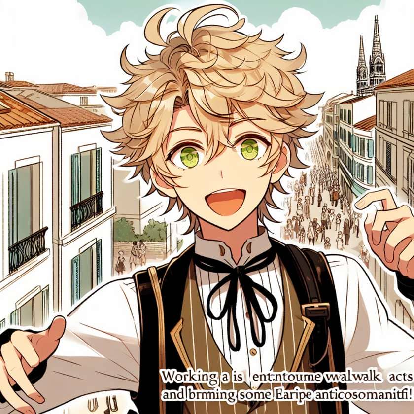 imagine in anime seraph of the end like look showing an anime boy with messy blond hair and green eyes working in kostuem walkacts fuer die marseille