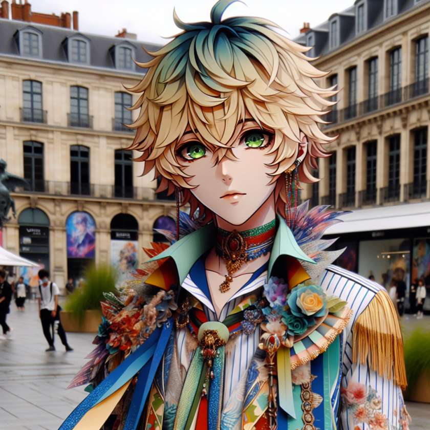 imagine in anime seraph of the end like look showing an anime boy with messy blond hair and green eyes working in kostuem walkacts fuer die nantes ausstellung