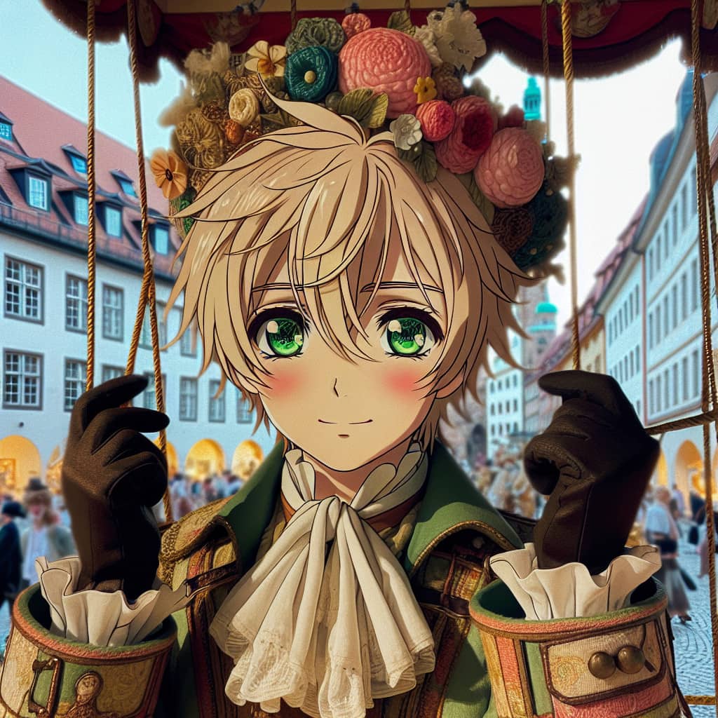 imagine in anime seraph of the end like look showing an anime boy with messy blond hair and green eyes working in kostuem walkacts fuer die nuernberg messe