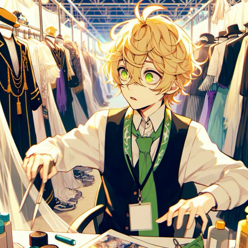 imagine in anime seraph of the end like look showing an anime boy with messy blond hair and green eyes working in kostuem walkacts fuer die paris