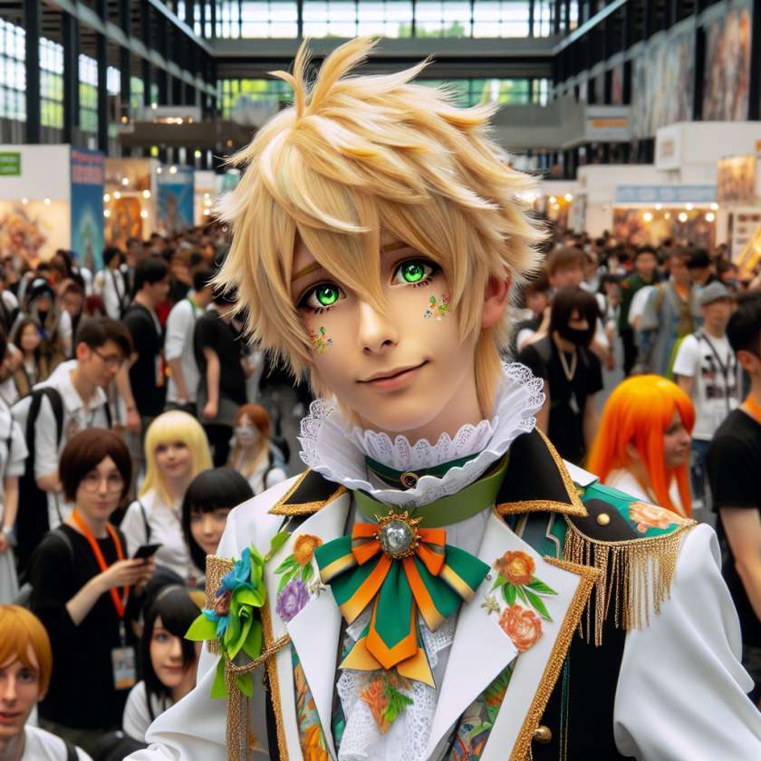 imagine in anime seraph of the end like look showing an anime boy with messy blond hair and green eyes working in kostuem walkacts fuer die st gallen messe