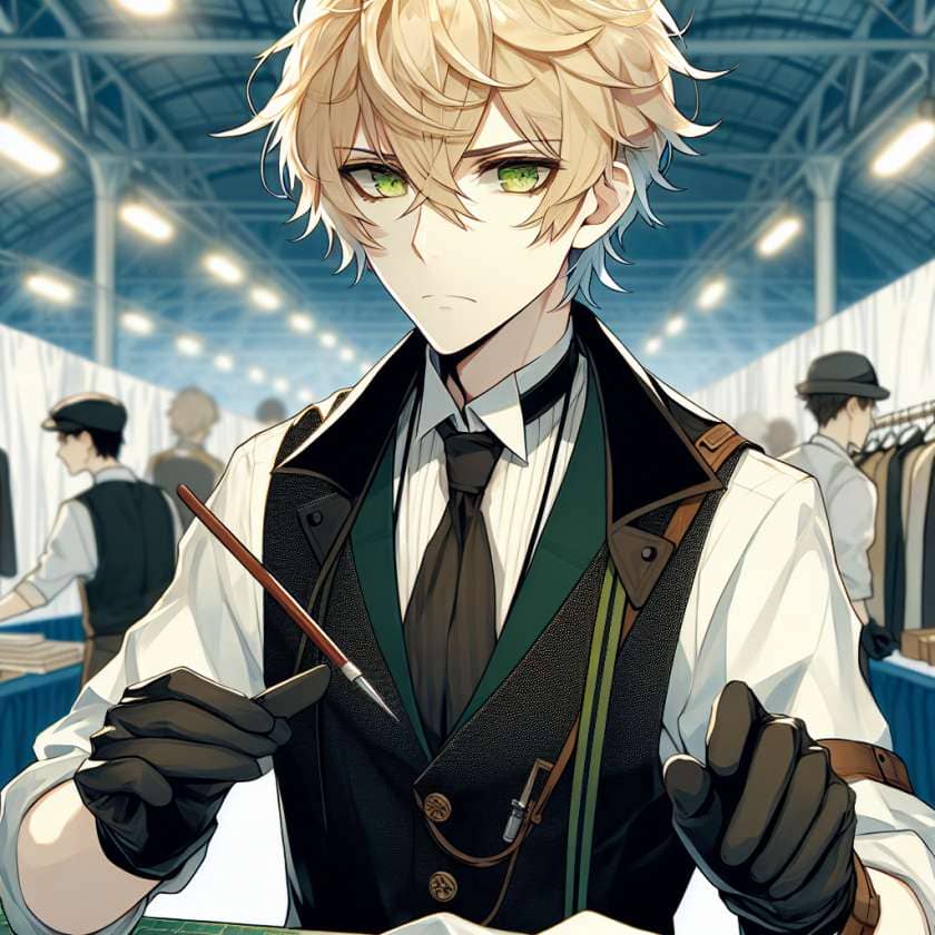 imagine in anime seraph of the end like look showing an anime boy with messy blond hair and green eyes working in kostuem walkacts fuer die utrecht messe