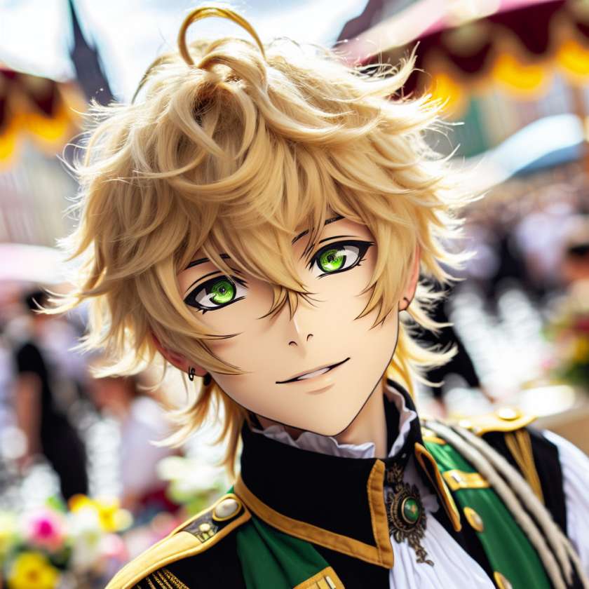 imagine in anime seraph of the end like look showing an anime boy with messy blond hair and green eyes working in kostuem walkacts fuer die wiesbaden messe