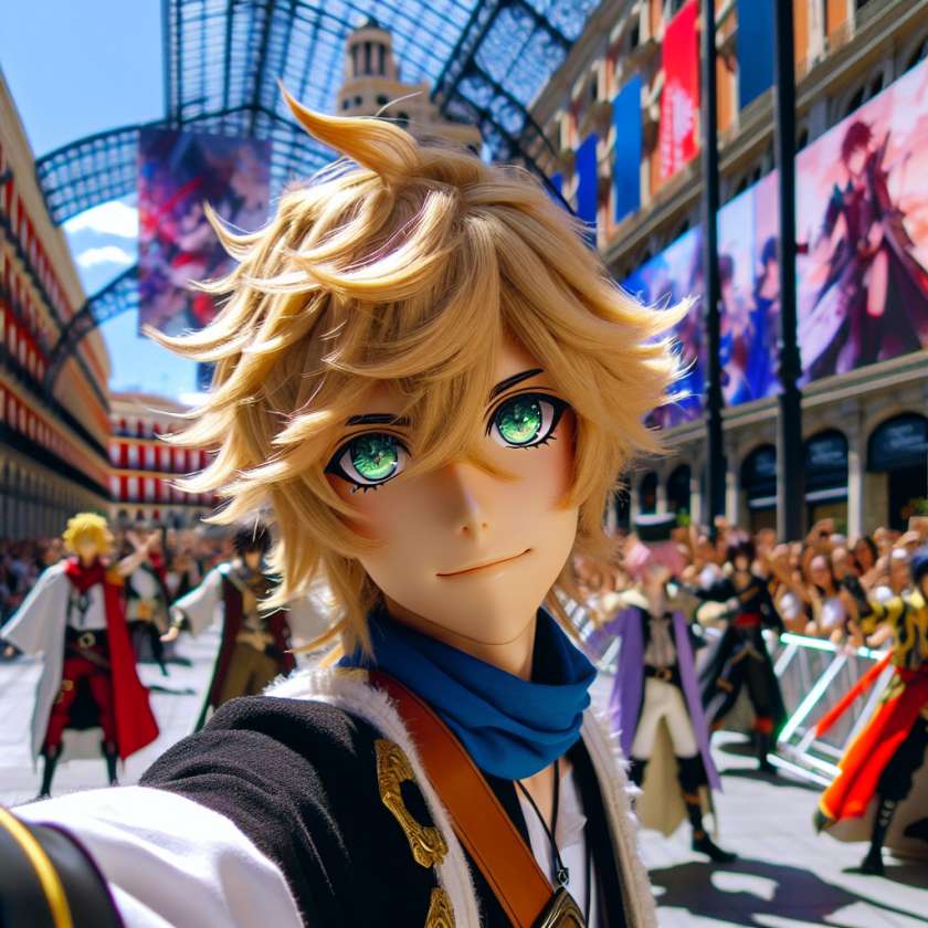 imagine in anime seraph of the end like look showing an anime boy with messy blond hair and green eyes working in kostuem walkacts fuer madrid