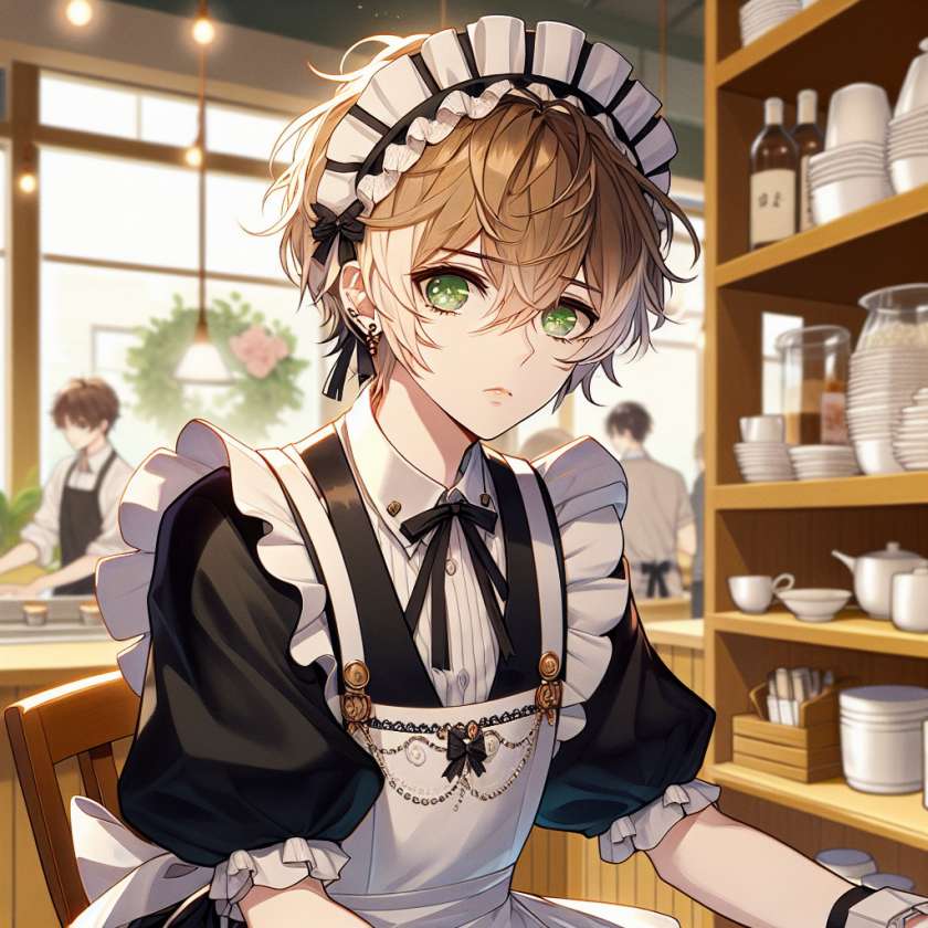 imagine in anime seraph of the end like look showing an anime boy with messy blond hair and green eyes working in maid boy fuer ihr event maid cafe