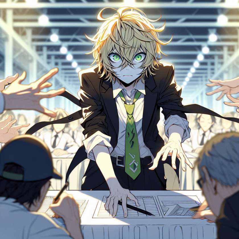 imagine in anime seraph of the end like look showing an anime boy with messy blond hair and green eyes working in maskottchen walk act fuer ihre veranstaltung
