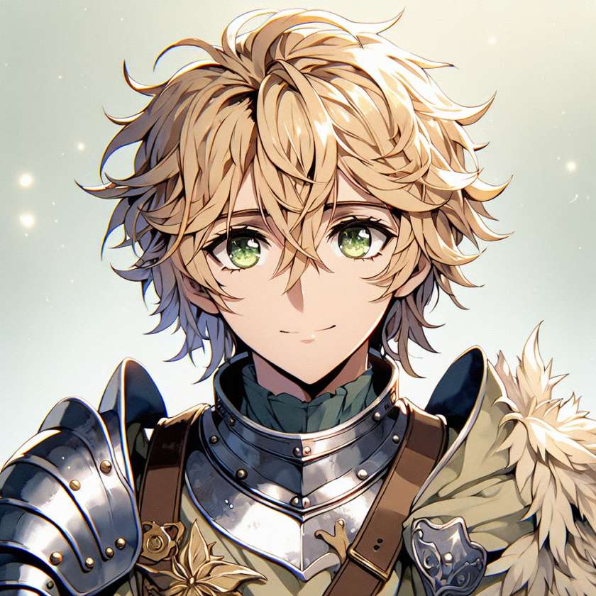 imagine in anime seraph of the end like look showing an anime boy with messy blond hair and green eyes working in ritter in echter ruestung fuer veranstaltungen